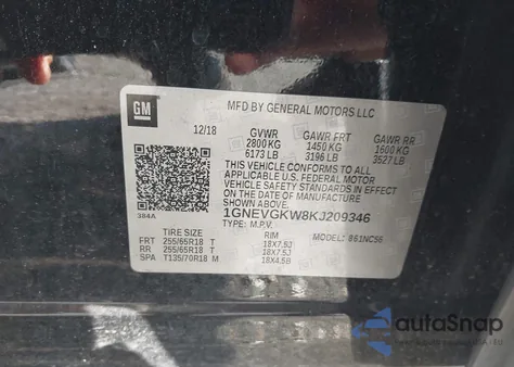 2019 Chevrolet Traverse 1Lt z USA, uszkodzony, nr VIN 1GNEVGKW8KJ209346